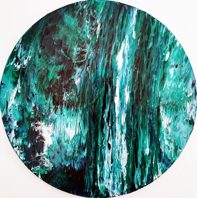 Vertical traces of green, black and white held within a circular canvas.