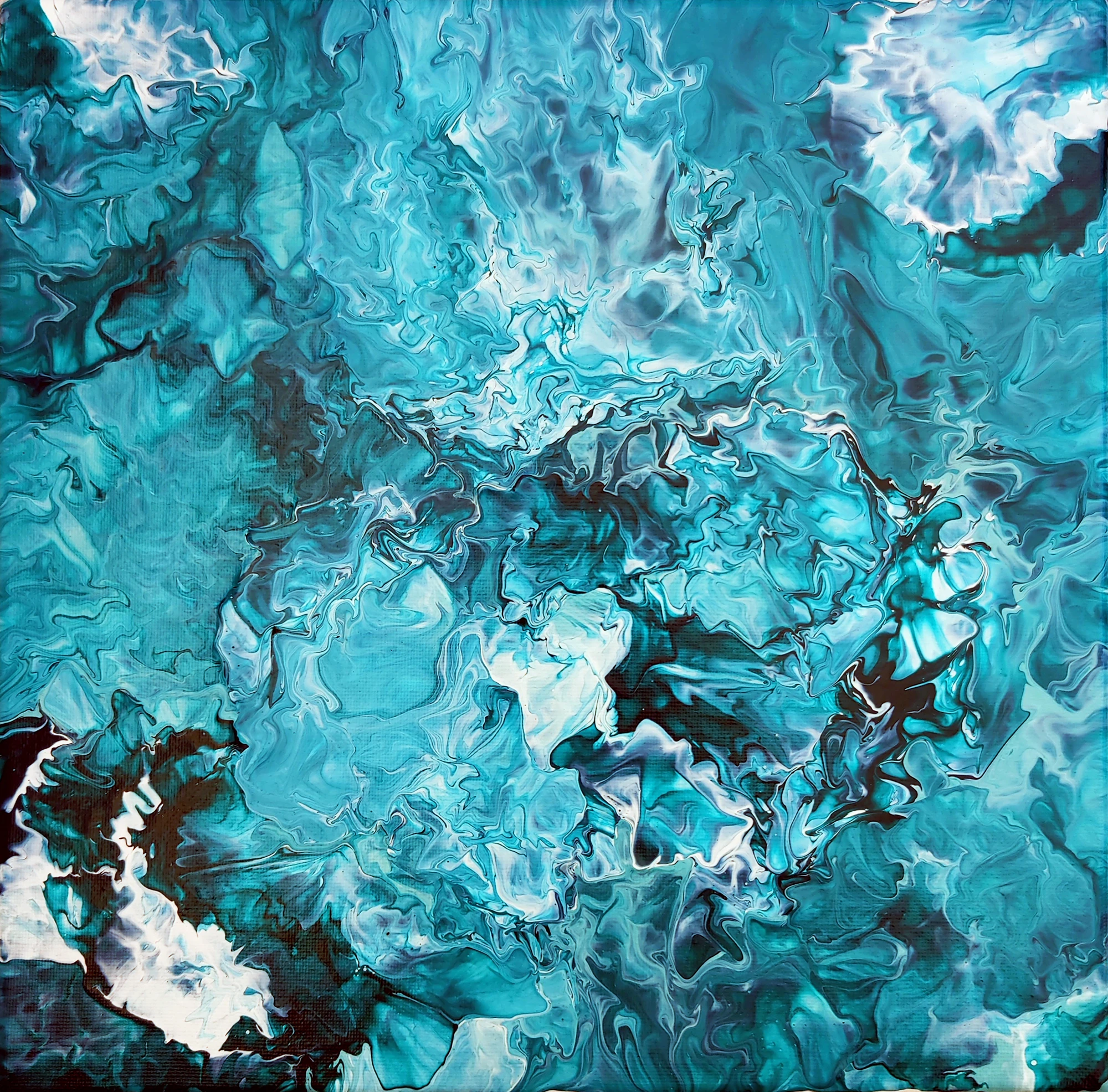 Fine white and dark contours move through a dense turquoise surface.